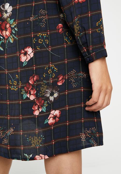 Brave Soul - Floral grid tie neck dress - navy