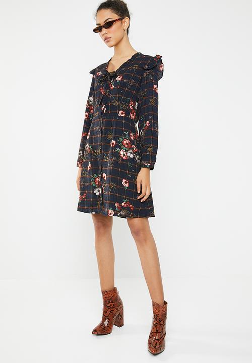 Brave Soul - Floral grid tie neck dress - navy
