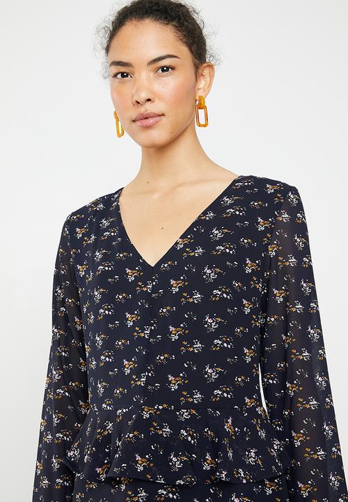 Brave Soul - Long sleeve floral dress with ruffle waist - navy