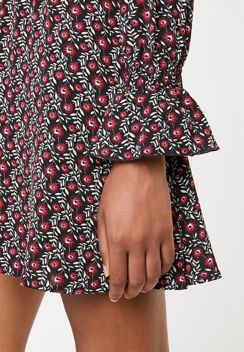 Brave Soul - High collar floral ruffle dress - black