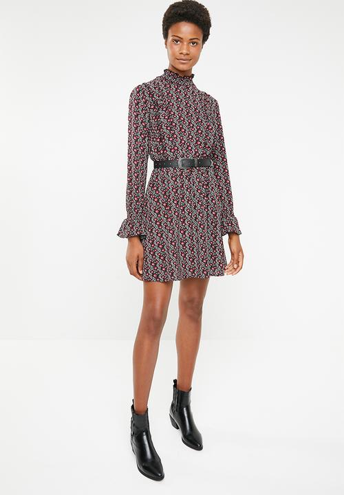 Brave Soul - High collar floral ruffle dress - black