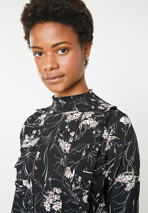 Brave Soul - Floral dress with high ruffle neck - black