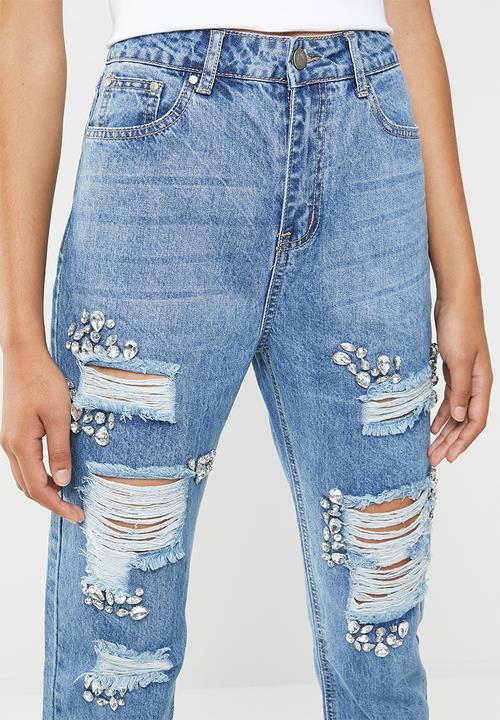 Superbalist - Ripped embellishment mom jeans - blue 