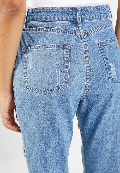 Superbalist - Ripped embellishment mom jeans - blue 