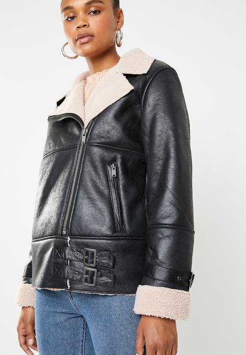 Missguided - Contrast borg aviator jacket - black