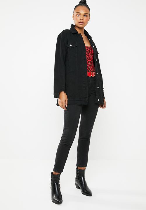 Missguided - Longline distressed denim jacket - black