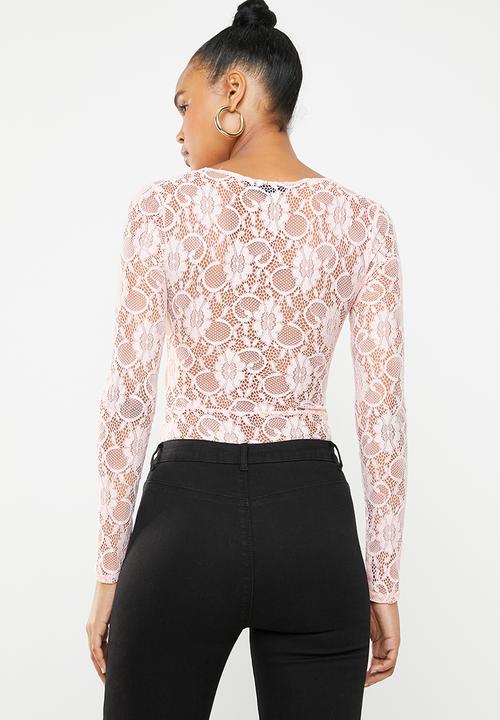 Missguided - Lace deep plunge long sleeve bodysuit - pink