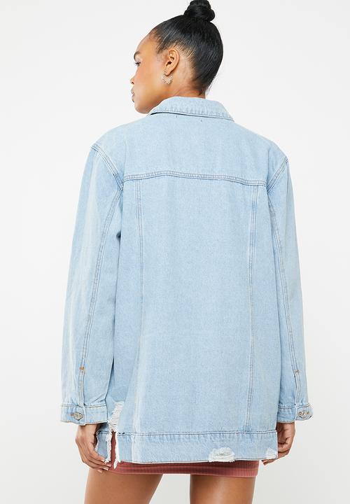 Missguided - Longline distressed denim jacket - blue