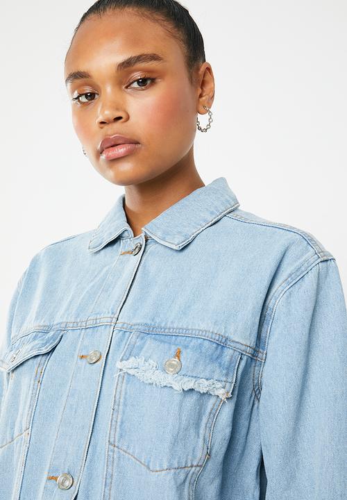 Missguided - Longline distressed denim jacket - blue
