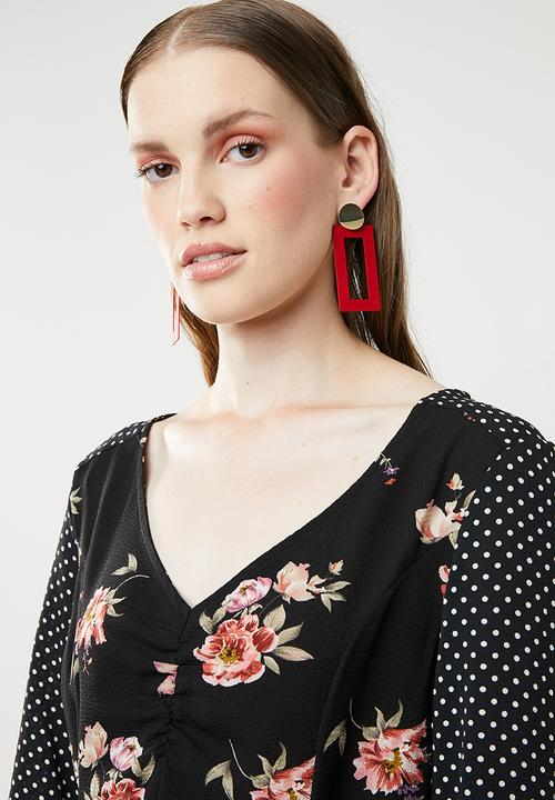 Brave Soul - Contrast print dress with tie waist - black