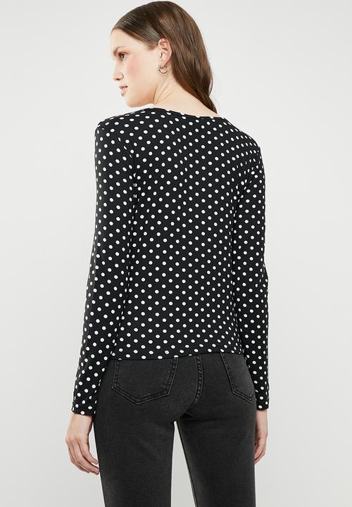 Brave Soul - Long sleeve polka dot top with ruched detail - black