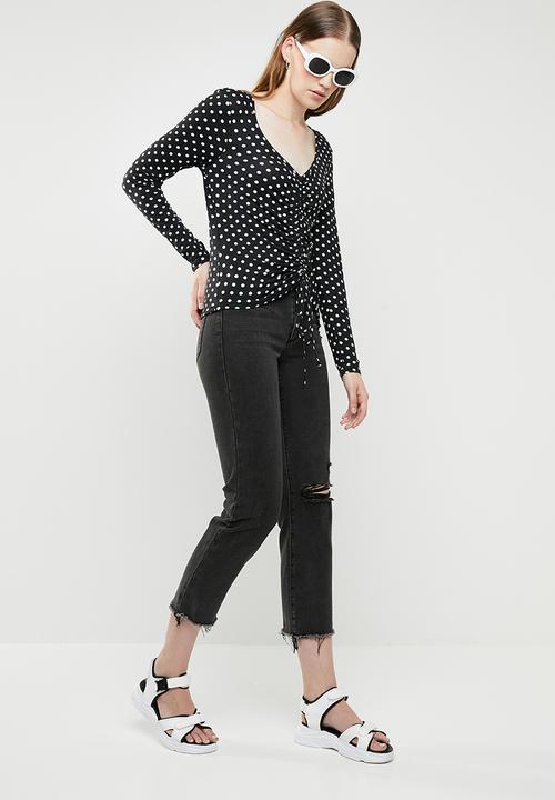 Brave Soul - Long sleeve polka dot top with ruched detail - black