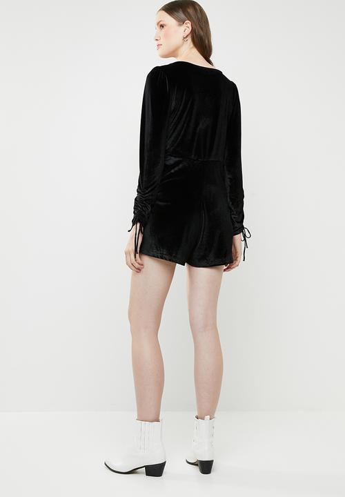 Brave Soul - V-neck playsuit with ruched sleeves - black
