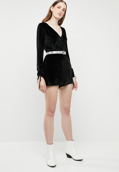 Brave Soul - V-neck playsuit with ruched sleeves - black