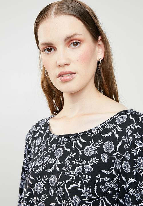 Brave Soul - Long sleeve paisley dress with tie neck - black & white