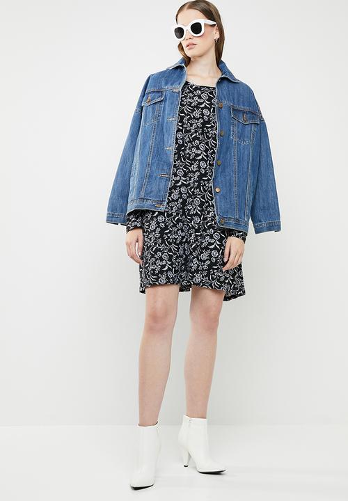 Brave Soul - Long sleeve paisley dress with tie neck - black & white