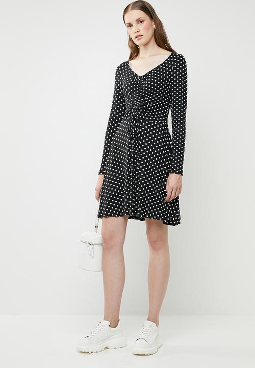 Brave Soul - Long sleeve v neck polka dot dress - black
