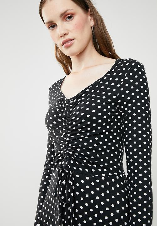 Brave Soul - Long sleeve v neck polka dot dress - black