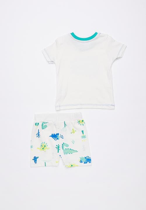 Baby Corner - Dino roar 2 piece printed tee & short set - white 