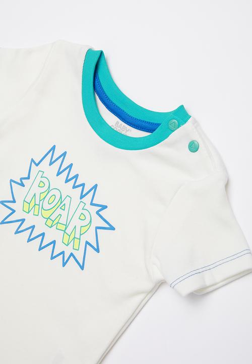 Baby Corner - Dino roar 2 piece printed tee & short set - white 