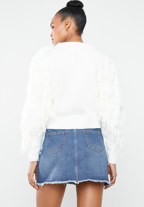 Missguided - Fringe tassel sleeve cropped jumper - white