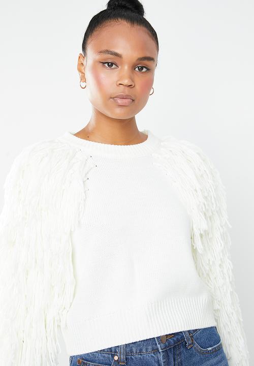 Missguided - Fringe tassel sleeve cropped jumper - white