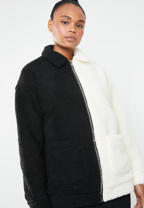 Missguided - Spliced zip through borg jacket - cream & black