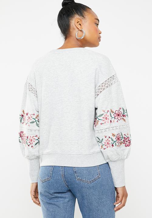 ONLY - Lisa embroidered balloon sleeve sweater - grey