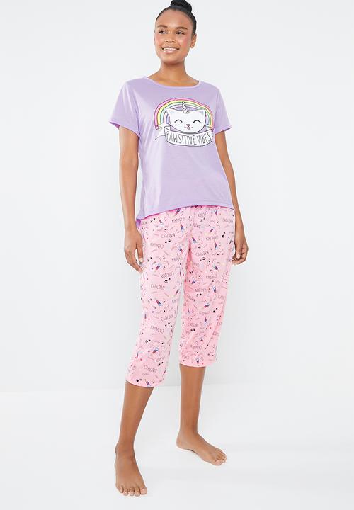 c(inch) - Sleep tee & capri pants sleep set - pink & purple 