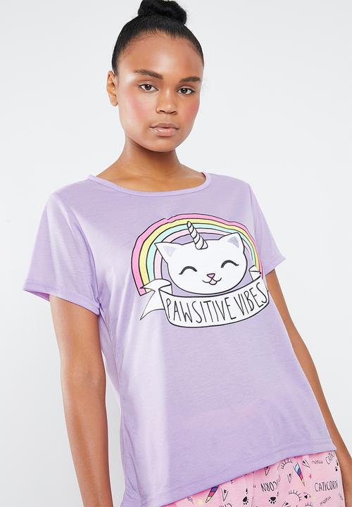 c(inch) - Sleep tee & capri pants sleep set - pink & purple 