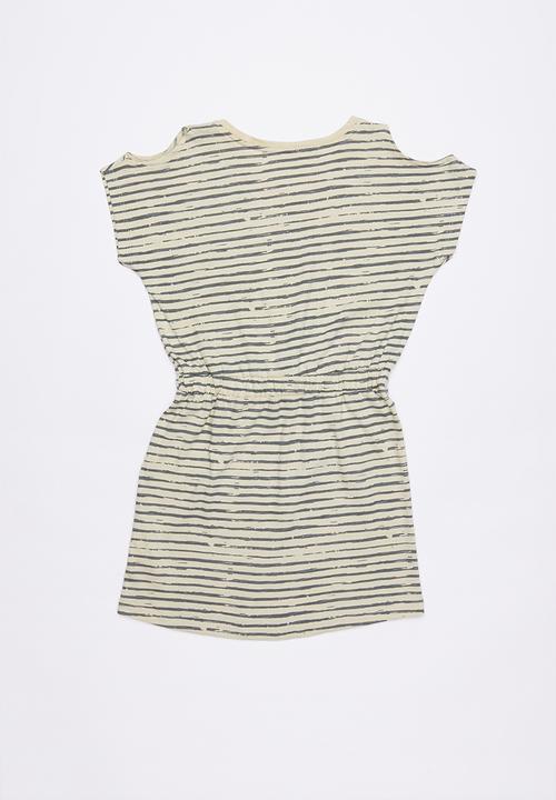 Lizzy - Isabelle cut out shoulder dress - grey & cream
