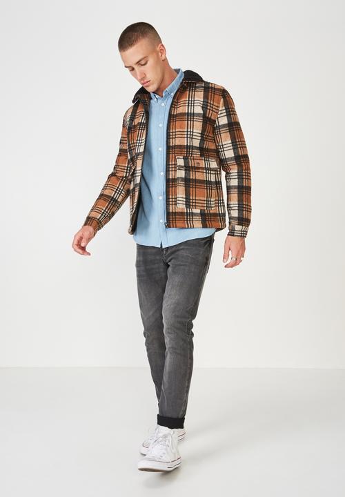 Cotton On - Sherpa check trucker jacket - brown & black