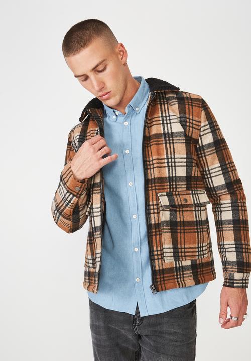 Cotton On - Sherpa check trucker jacket - brown & black