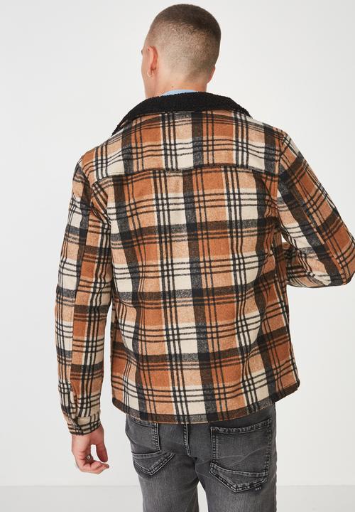 Cotton On - Sherpa check trucker jacket - brown & black
