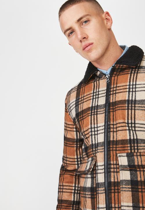 Cotton On - Sherpa check trucker jacket - brown & black