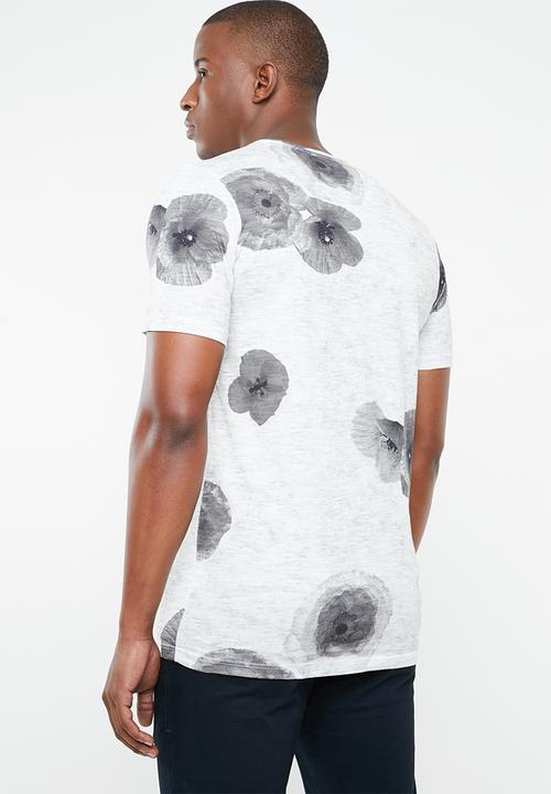 Selected Homme - Halex big flower O-neck tee - white & grey