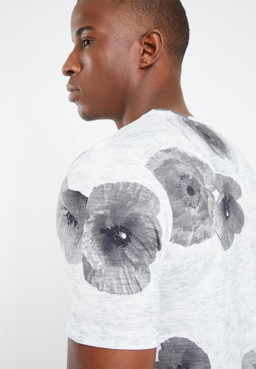 Selected Homme - Halex big flower O-neck tee - white & grey