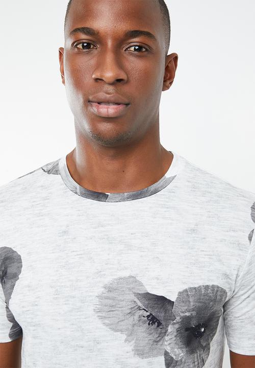 Selected Homme - Halex big flower O-neck tee - white & grey