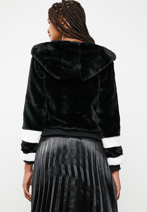 Brave Soul - Faux fur hoodie stripey jacket with ribbed cuffs - black