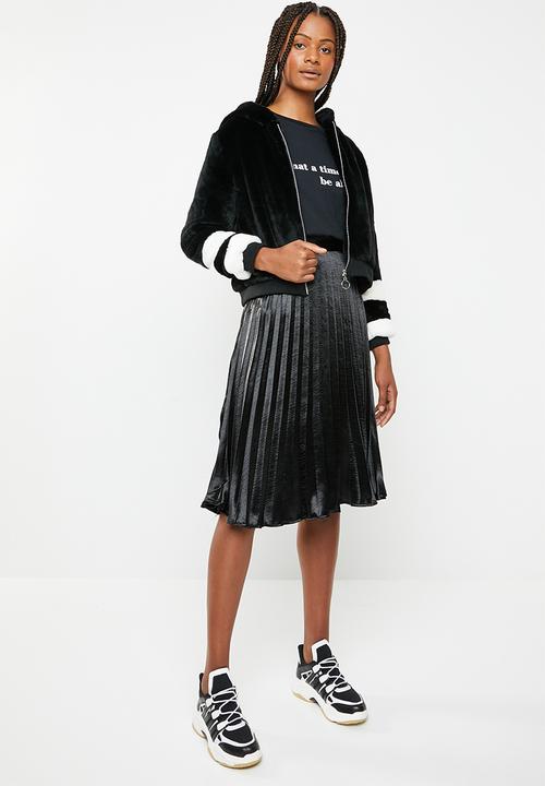 Brave Soul - Faux fur hoodie stripey jacket with ribbed cuffs - black