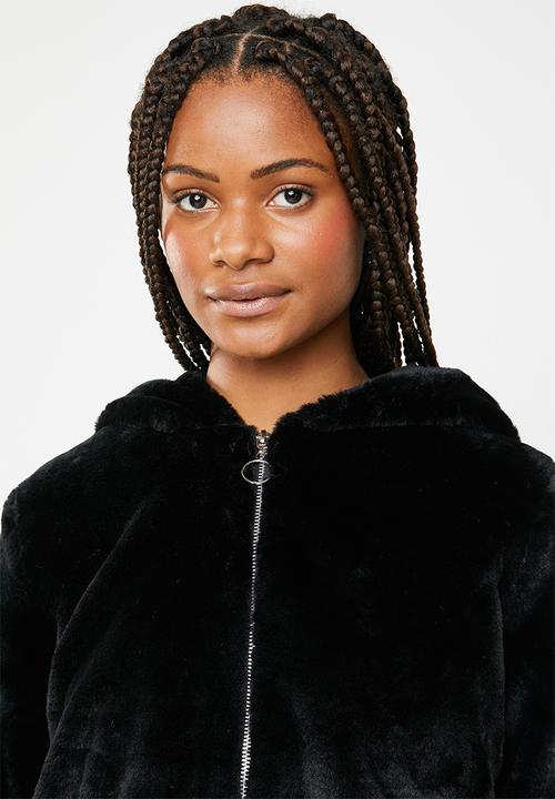 Brave Soul - Faux fur hoodie stripey jacket with ribbed cuffs - black