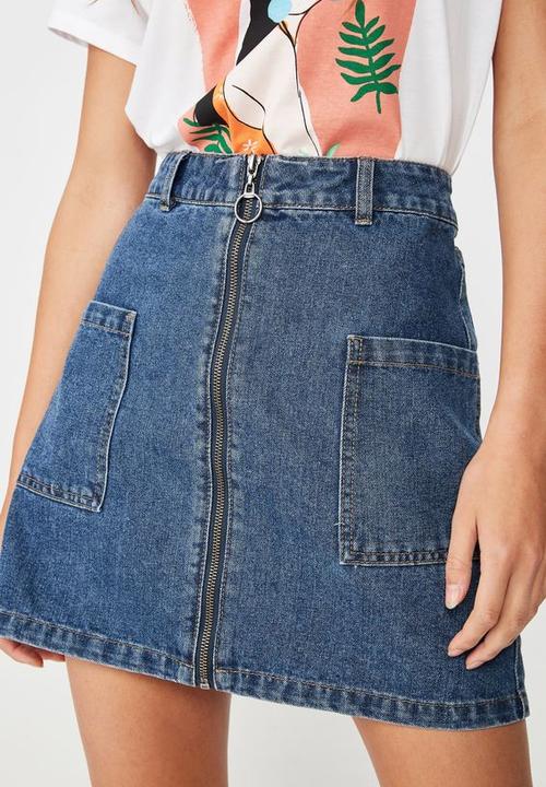 Cotton On - A line zip front denim skirt - blue