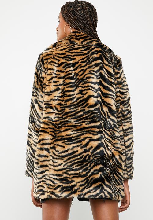 Missguided - Faux fur tiger coat - black & tan