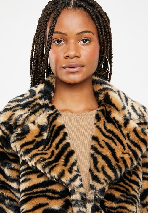 Missguided - Faux fur tiger coat - black & tan