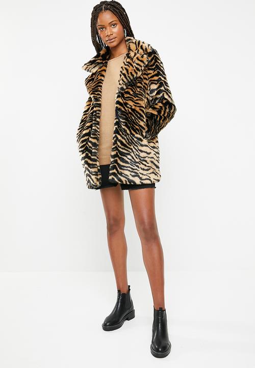 Missguided - Faux fur tiger coat - black & tan