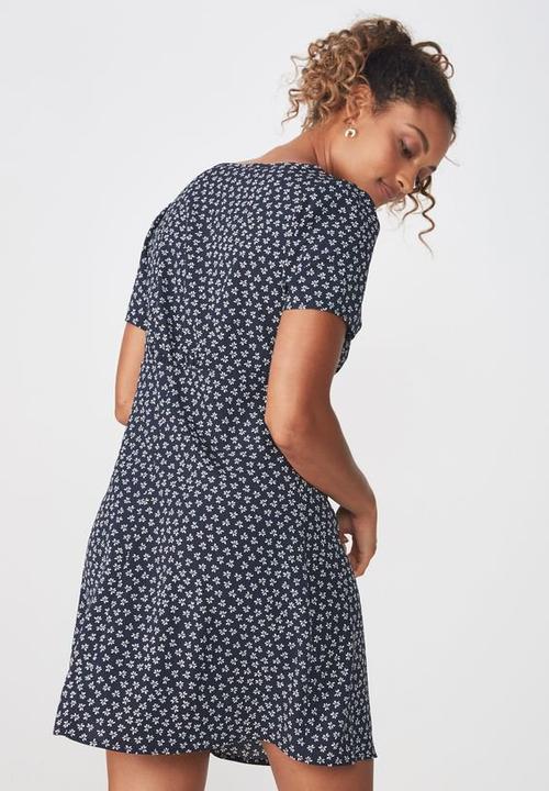 Cotton On - Woven dotti deep v dress - navy & white