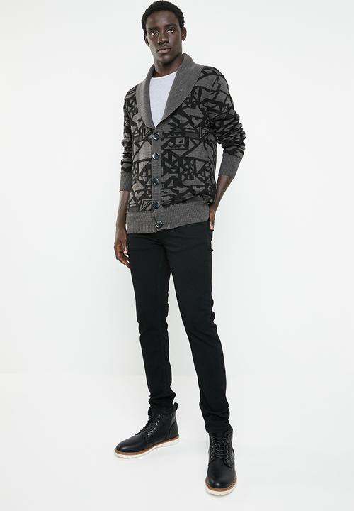 Superbalist - Chunky shawl collar pattern cardi - grey & black