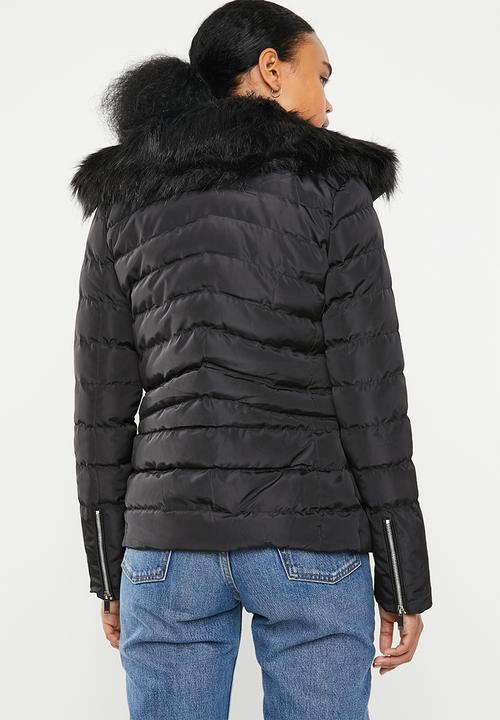 Brave Soul - Padded jacket with detachable faux fur collar - black