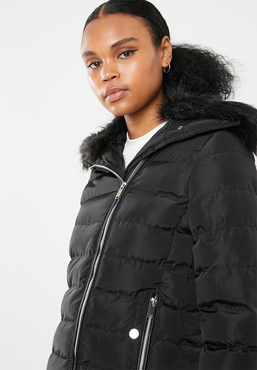 Brave Soul - Padded jacket with detachable faux fur collar - black
