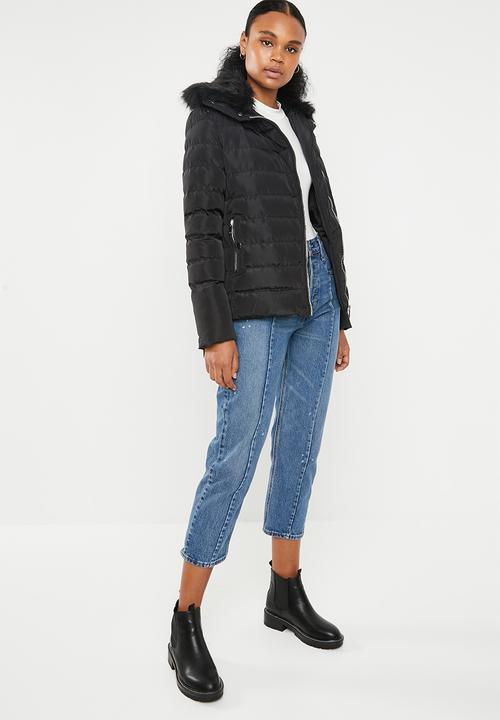 Brave Soul - Padded jacket with detachable faux fur collar - black